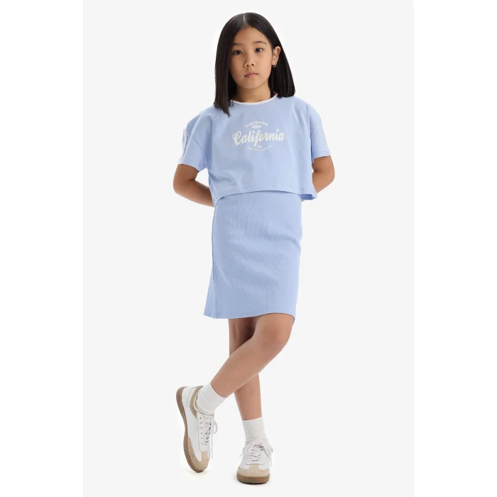 Defacto D2339 Mavi 	Kız Çocuk 2li Takım Fitilli Kaşkorse Elbise Baskılı Kısa Kollu Tişört