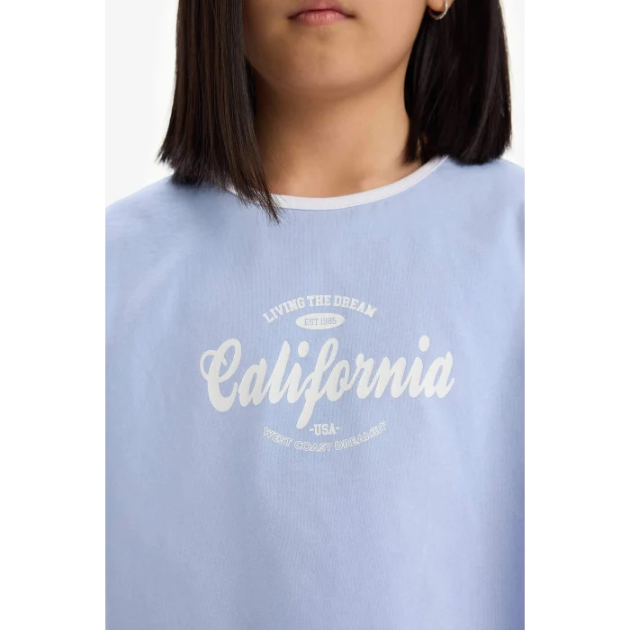 Defacto D2339 Mavi 	Kız Çocuk 2li Takım Fitilli Kaşkorse Elbise Baskılı Kısa Kollu Tişört