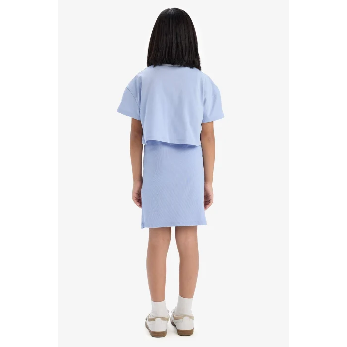 Defacto D2339 Mavi 	Kız Çocuk 2li Takım Fitilli Kaşkorse Elbise Baskılı Kısa Kollu Tişört