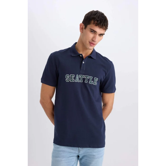 Defacto D7667 Lacivert Regular Fit Baskılı Nakışlı Kısa Kollu Polo Tişört