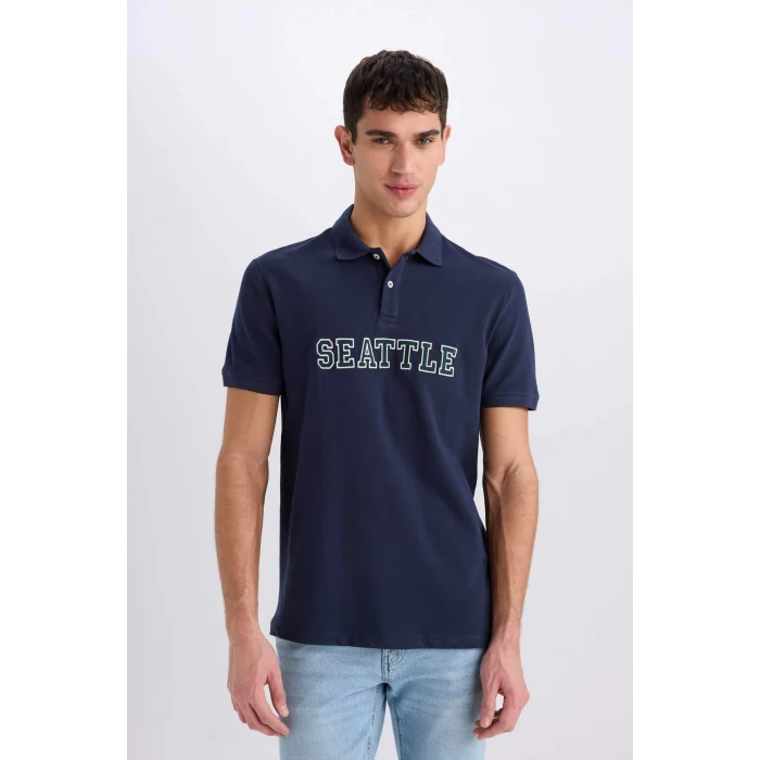 Defacto D7667 Lacivert Regular Fit Baskılı Nakışlı Kısa Kollu Polo Tişört