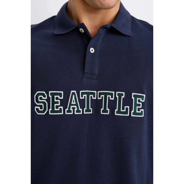 Defacto D7667 Lacivert Regular Fit Baskılı Nakışlı Kısa Kollu Polo Tişört