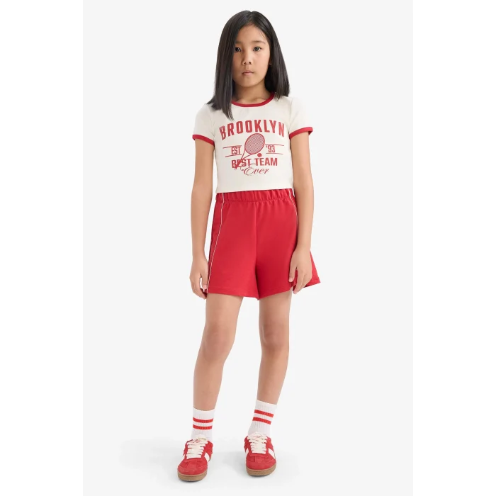 Defacto E4756 Ekru Kız Çocuk 2li Takım Fitilli Kaşkorse Baskılı Kısa Kollu Tişört Beli Lastikli Şort