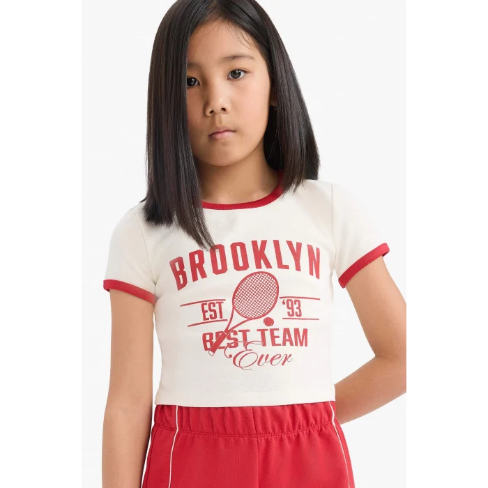 Defacto E4756 Ekru Kız Çocuk 2li Takım Fitilli Kaşkorse Baskılı Kısa Kollu Tişört Beli Lastikli Şort