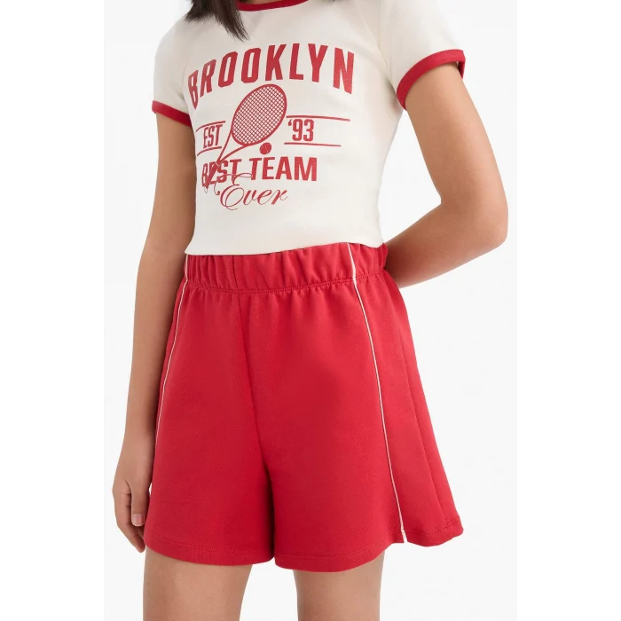 Defacto E4756 Ekru Kız Çocuk 2li Takım Fitilli Kaşkorse Baskılı Kısa Kollu Tişört Beli Lastikli Şort