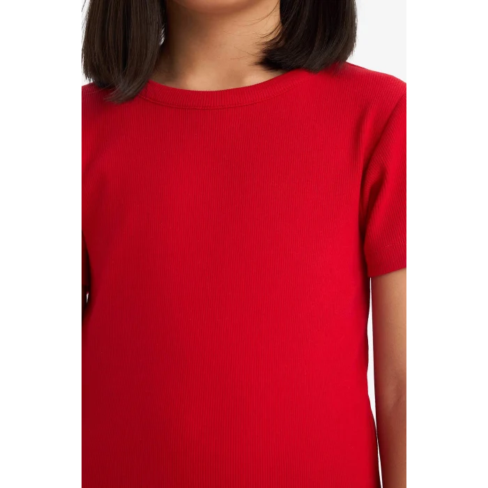 Defacto C4644 Kırmızı Kız Çocuk Bisiklet Yaka Fitilli Kaşkorse Kısa Kollu Elbise