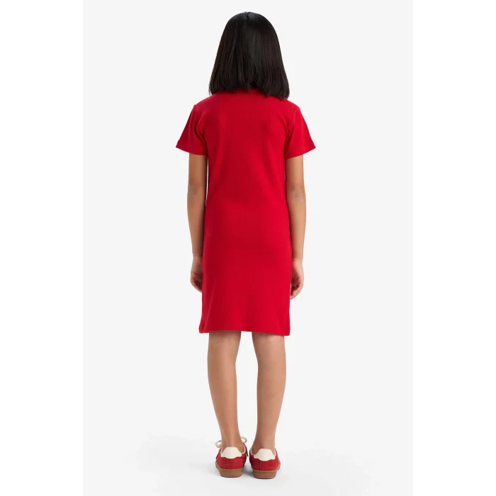 Defacto C4644 Kırmızı Kız Çocuk Bisiklet Yaka Fitilli Kaşkorse Kısa Kollu Elbise