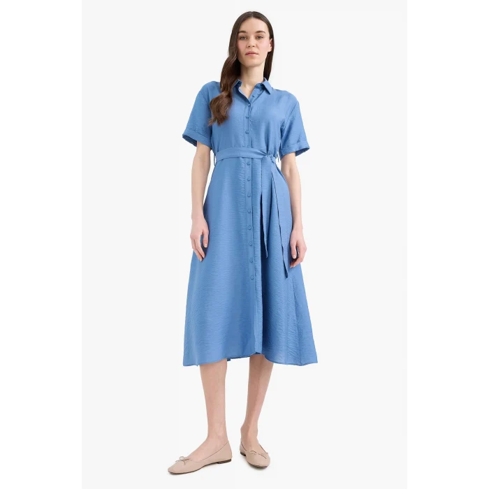 Defacto E7932 Mavi  Regular Fit Gömlek Yaka Kuşaklı Kısa Kollu Midi Elbise