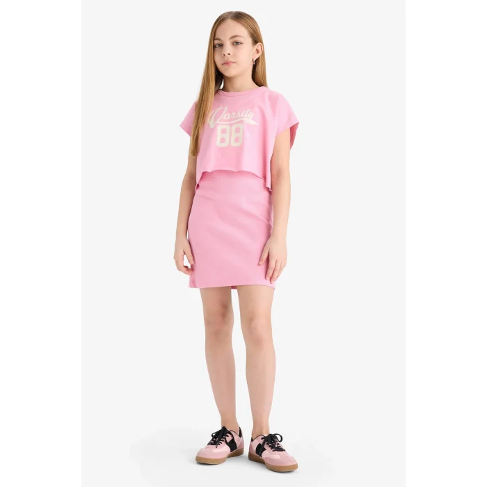 Defacto B4496 Pembe Kız Çocuk 2li Takım Bisiklet Yaka Tişört Fitilli Kaşkorse Elbise