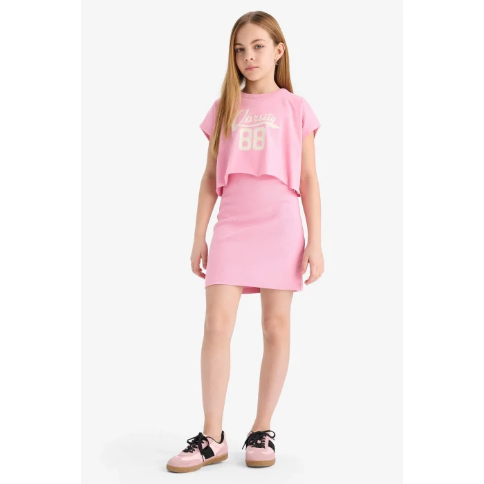 Defacto B4496 Pembe Kız Çocuk 2li Takım Bisiklet Yaka Tişört Fitilli Kaşkorse Elbise