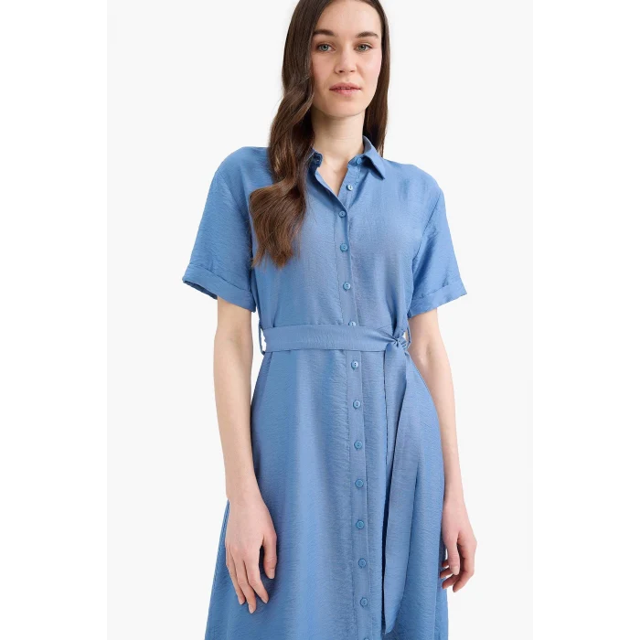 Defacto E7932 Mavi  Regular Fit Gömlek Yaka Kuşaklı Kısa Kollu Midi Elbise