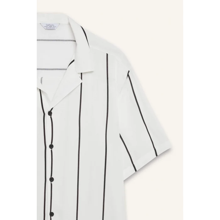 Defacto E2559 Beyaz Regular Fit Apaş Yaka Çizgili Yazlık Kısa Kollu Gömlek