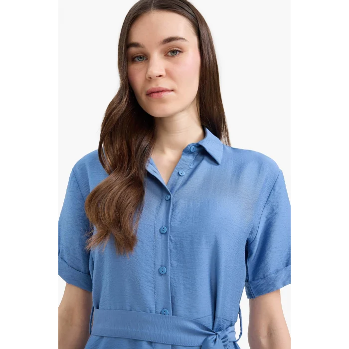 Defacto E7932 Mavi  Regular Fit Gömlek Yaka Kuşaklı Kısa Kollu Midi Elbise