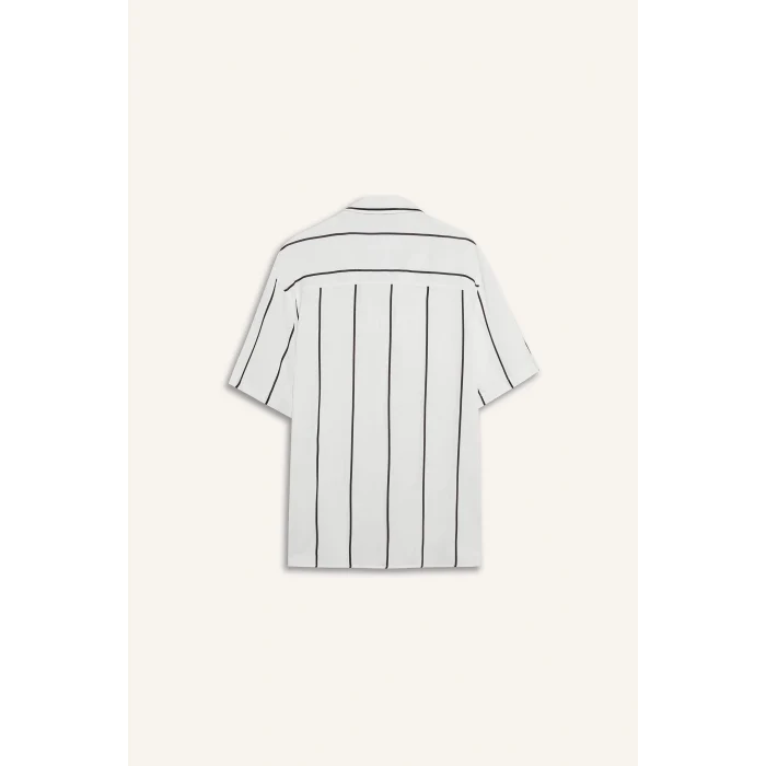 Defacto E2559 Beyaz Regular Fit Apaş Yaka Çizgili Yazlık Kısa Kollu Gömlek