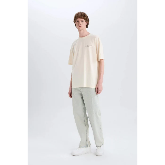 Defacto E3278 Ekru %100 Pamuk Vikings Valhalla Boxy Fit Bisiklet Yaka Sırt Baskılı Kısa Kollu Tişört