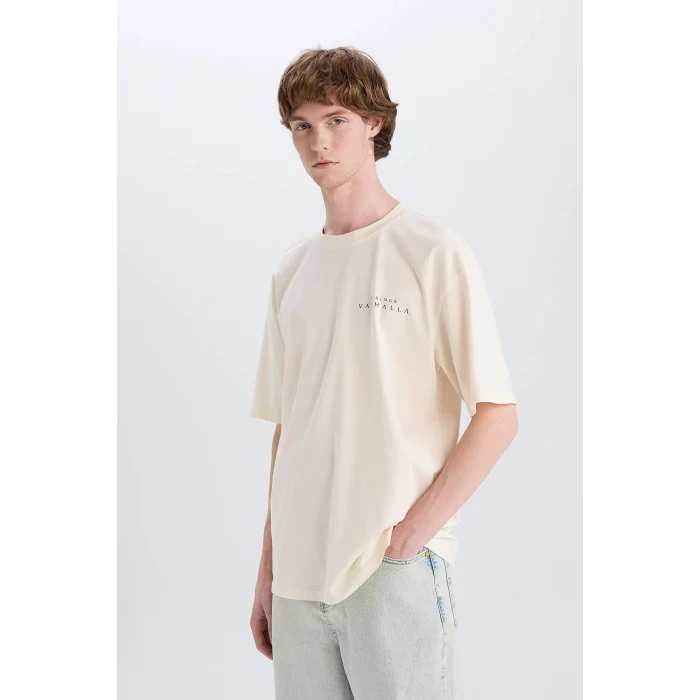 Defacto E3278 Ekru %100 Pamuk Vikings Valhalla Boxy Fit Bisiklet Yaka Sırt Baskılı Kısa Kollu Tişört