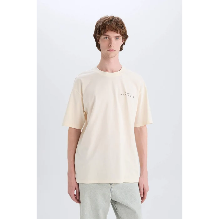 Defacto E3278 Ekru %100 Pamuk Vikings Valhalla Boxy Fit Bisiklet Yaka Sırt Baskılı Kısa Kollu Tişört