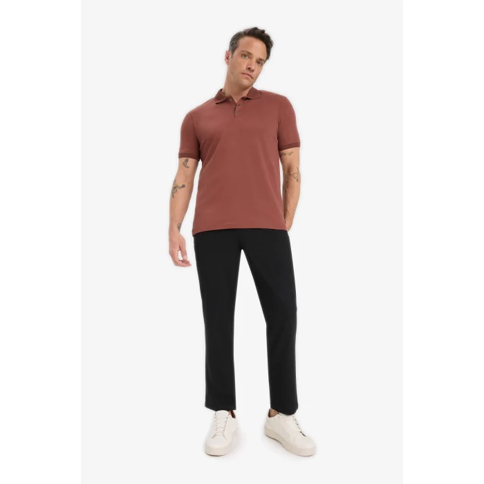 Defacto T5259 Kahve Slim Fit Dar Kesim Kısa Kollu Dokulu Basic Düz Polo Tişört