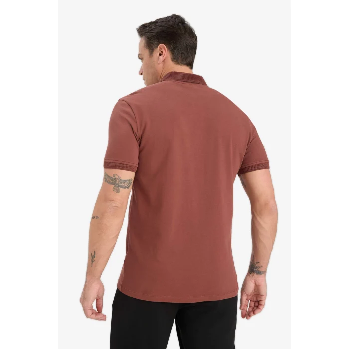 Defacto T5259 Kahve Slim Fit Dar Kesim Kısa Kollu Dokulu Basic Düz Polo Tişört