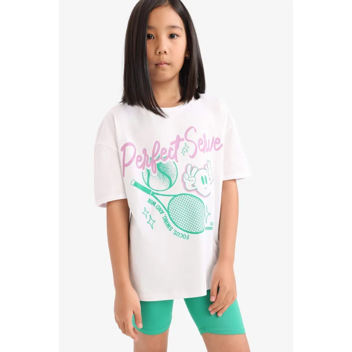 Defacto E5697 Yeşil Kız Çocuk 2li Takım Baksılı Kısa Kollu Tişört Biker Tayt