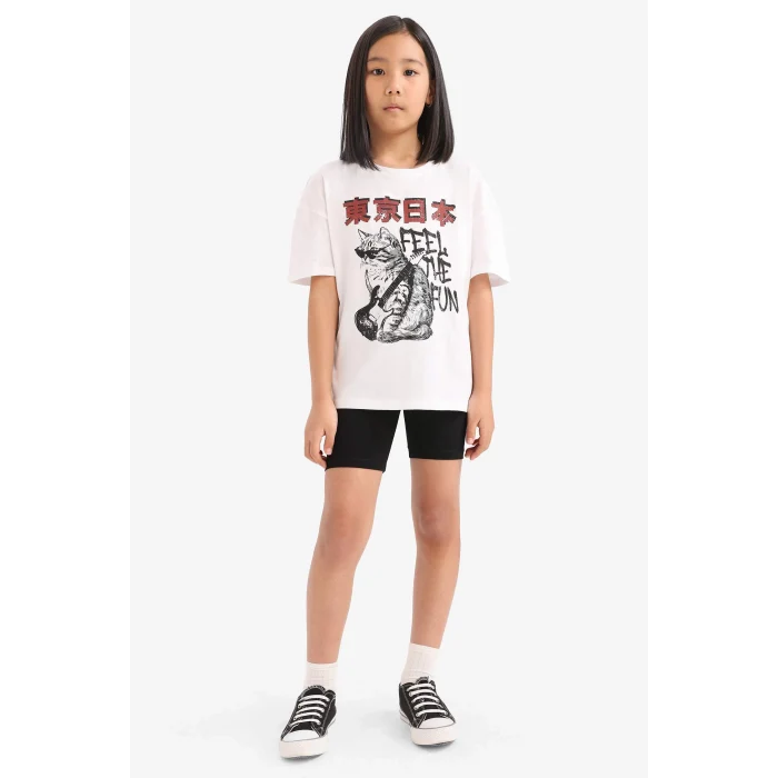 Defacto E5698 Beyaz Kız Çocuk 2li Takım Baskılı Kısa Kollu Tişört Biker Tayt