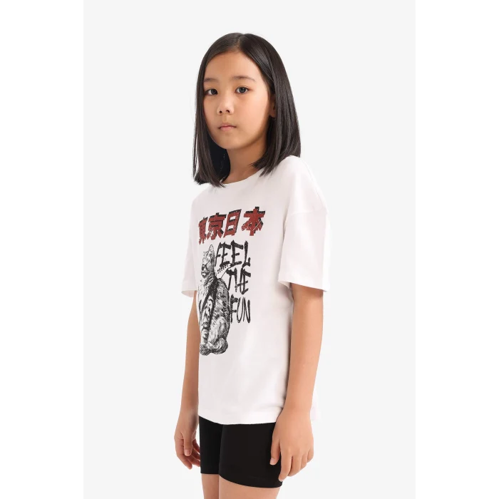 Defacto E5698 Beyaz Kız Çocuk 2li Takım Baskılı Kısa Kollu Tişört Biker Tayt