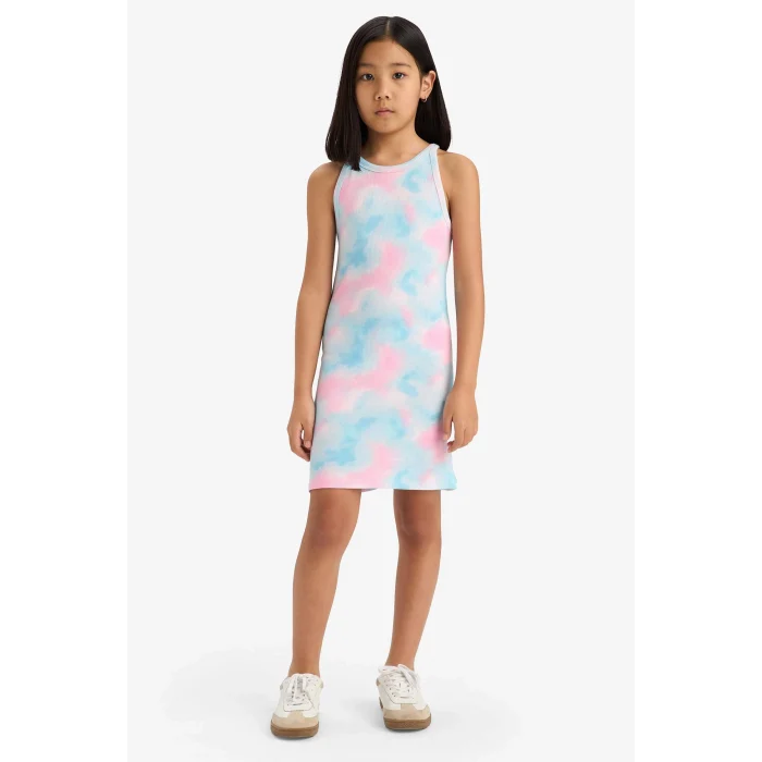 Defacto B4489 Pembe Kız Çocuk Batik Desenli Fitilli Kaşkorse Kolsuz Elbise