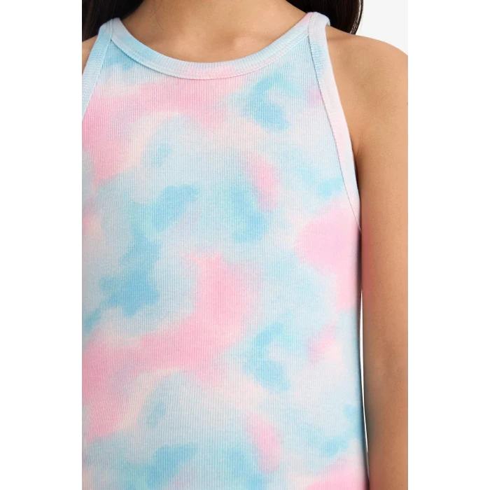 Defacto B4489 Pembe Kız Çocuk Batik Desenli Fitilli Kaşkorse Kolsuz Elbise