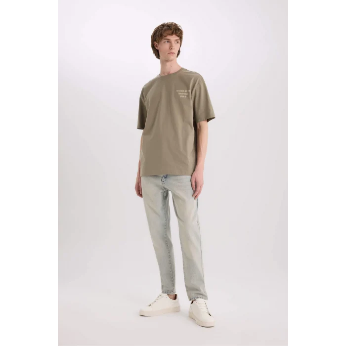Defacto E4543 Haki %100 Pamuk Boxy Fit Bisiklet Yaka Sırt Baskılı Kısa Kollu Tişört