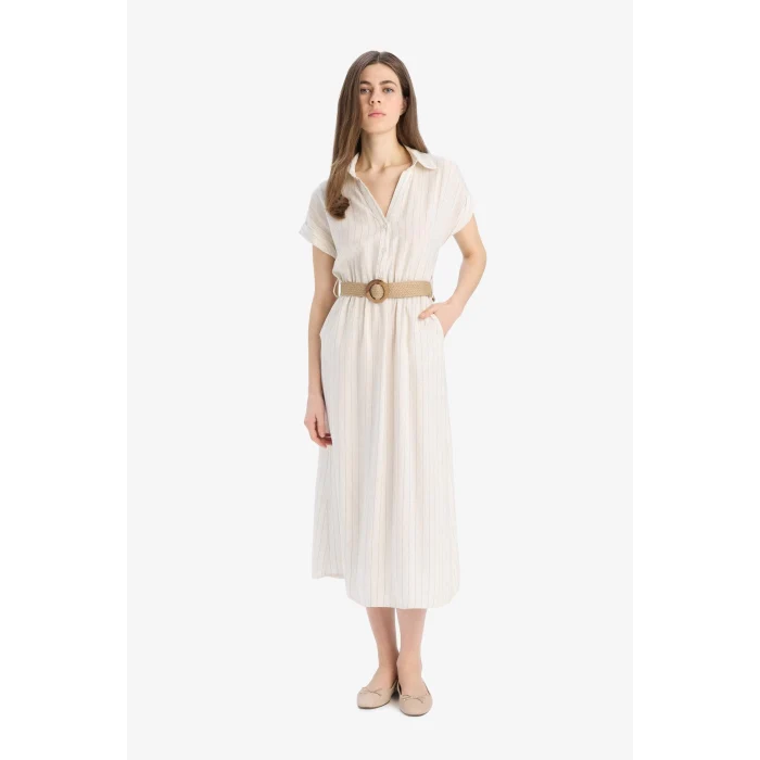 Defacto E8341 Ekru Gömlek Yaka Keten Karışımlı Kemerli Kısa Kollu Midi Elbise