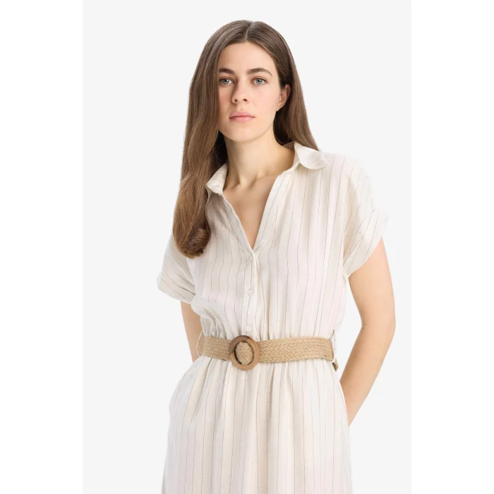 Defacto E8341 Ekru Gömlek Yaka Keten Karışımlı Kemerli Kısa Kollu Midi Elbise