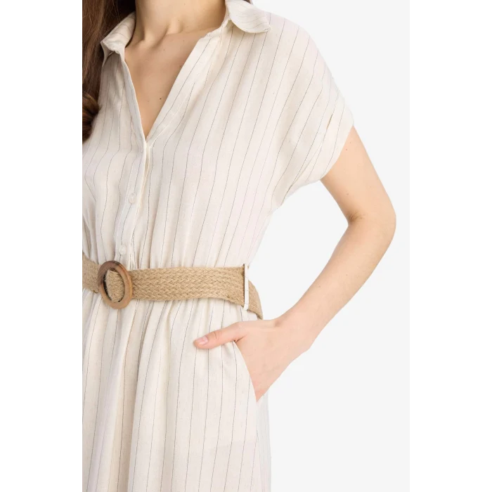 Defacto E8341 Ekru Gömlek Yaka Keten Karışımlı Kemerli Kısa Kollu Midi Elbise