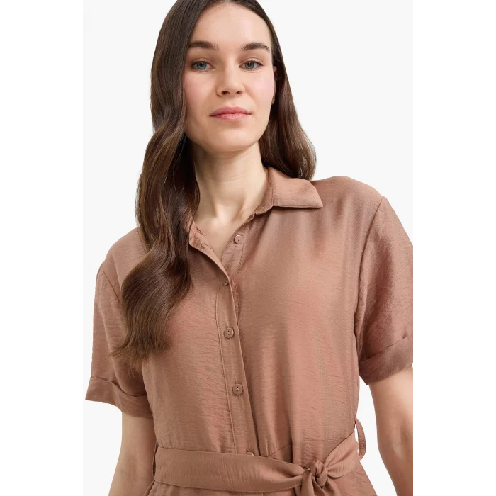 Defacto E7932 Kahve  Regular Fit Gömlek Yaka Kuşaklı Kısa Kollu Maxi Elbise