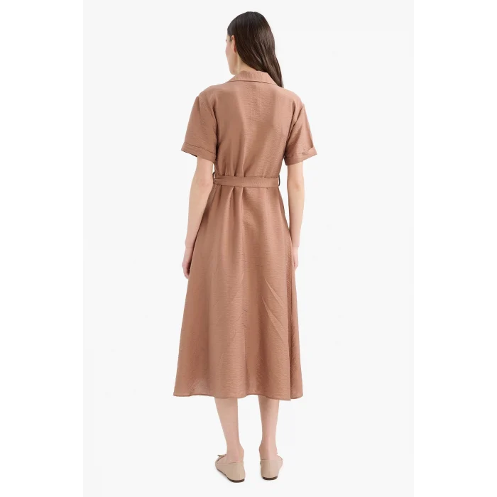 Defacto E7932 Kahve  Regular Fit Gömlek Yaka Kuşaklı Kısa Kollu Maxi Elbise