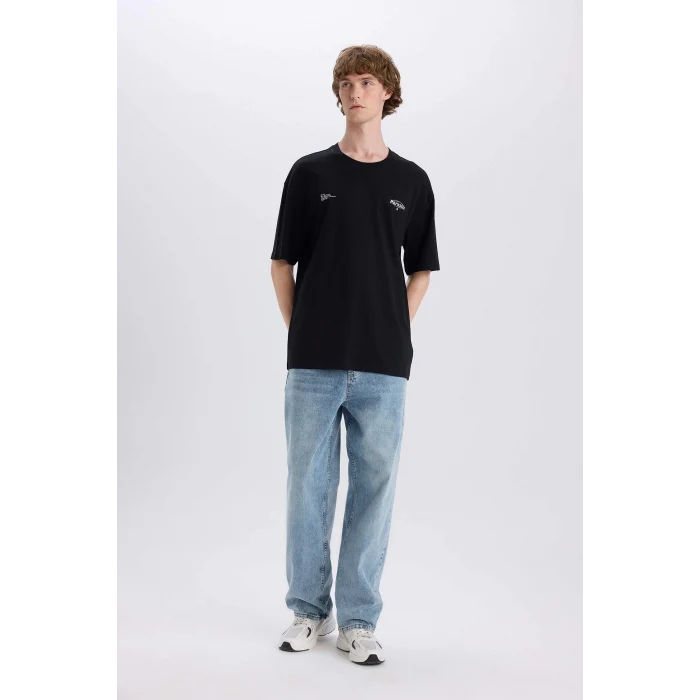 Defacto E4545 Siyah %100 Pamuk Boxy Fit Bisiklet Yaka Sırt Baskılı Kısa Kollu Tişört