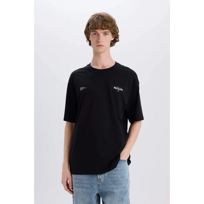 Defacto E4545 Siyah %100 Pamuk Boxy Fit Bisiklet Yaka Sırt Baskılı Kısa Kollu Tişört