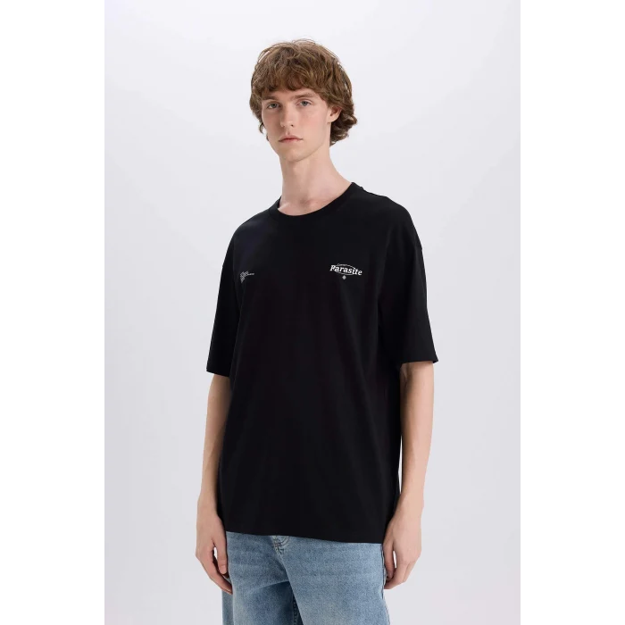 Defacto E4545 Siyah %100 Pamuk Boxy Fit Bisiklet Yaka Sırt Baskılı Kısa Kollu Tişört