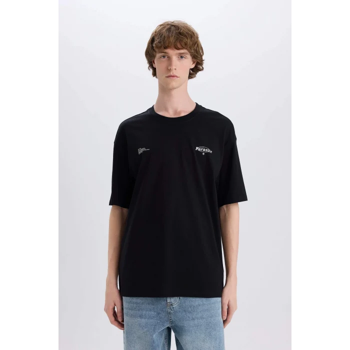 Defacto E4545 Siyah %100 Pamuk Boxy Fit Bisiklet Yaka Sırt Baskılı Kısa Kollu Tişört