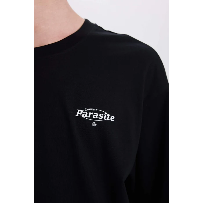 Defacto E4545 Siyah %100 Pamuk Boxy Fit Bisiklet Yaka Sırt Baskılı Kısa Kollu Tişört