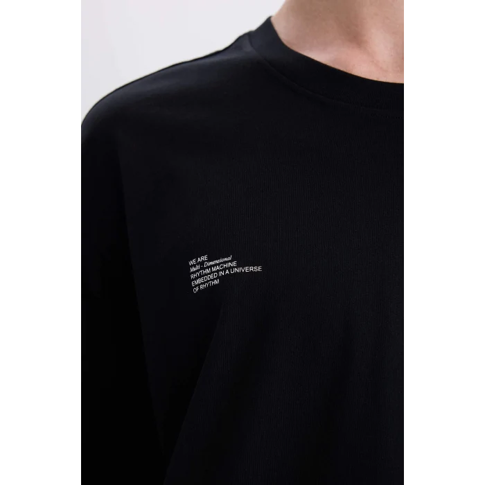 Defacto E4545 Siyah %100 Pamuk Boxy Fit Bisiklet Yaka Sırt Baskılı Kısa Kollu Tişört