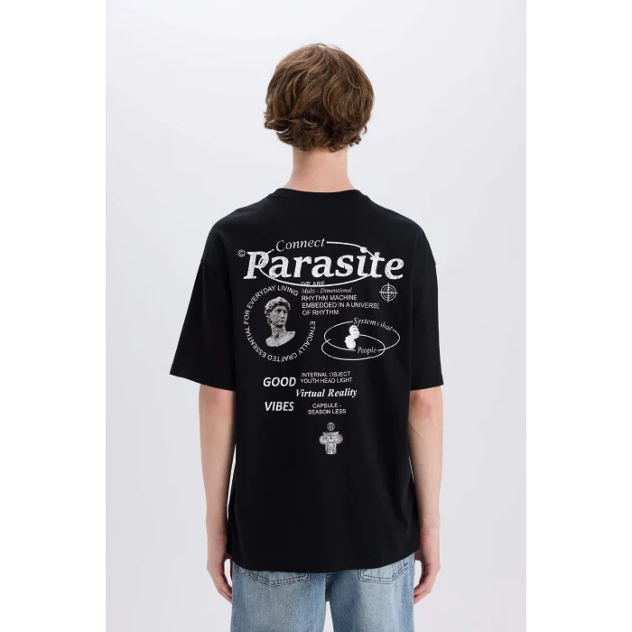 Defacto E4545 Siyah %100 Pamuk Boxy Fit Bisiklet Yaka Sırt Baskılı Kısa Kollu Tişört