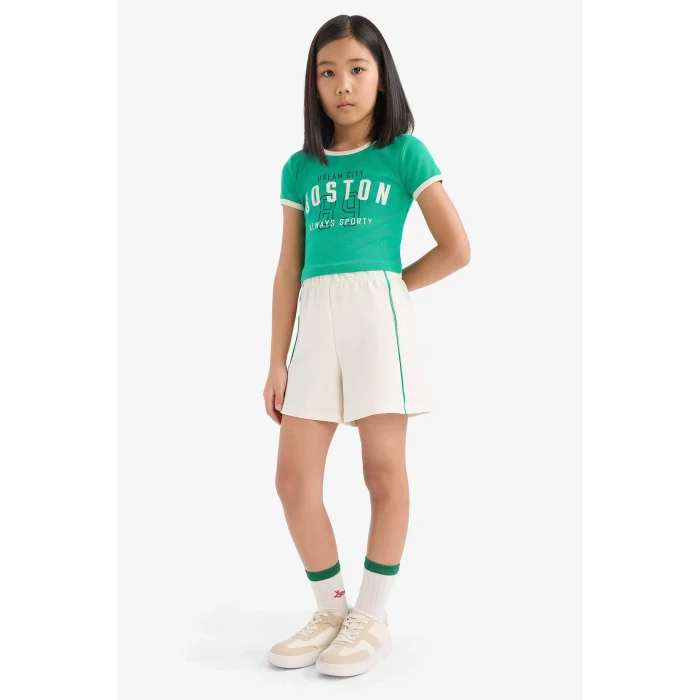 Defacto E4756 Yeşil Kız Çocuk 2li Takım Fitilli Kaşkorse Baskılı Kısa Kollu Tişört Beli Lastikli Şort