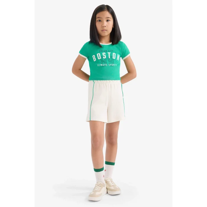 Defacto E4756 Yeşil Kız Çocuk 2li Takım Fitilli Kaşkorse Baskılı Kısa Kollu Tişört Beli Lastikli Şort