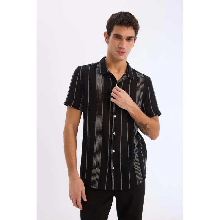 Defacto D7662 Siyah Regular Fit Yazlık Polo Yaka Pamuklu Kısa Kollu Gömlek