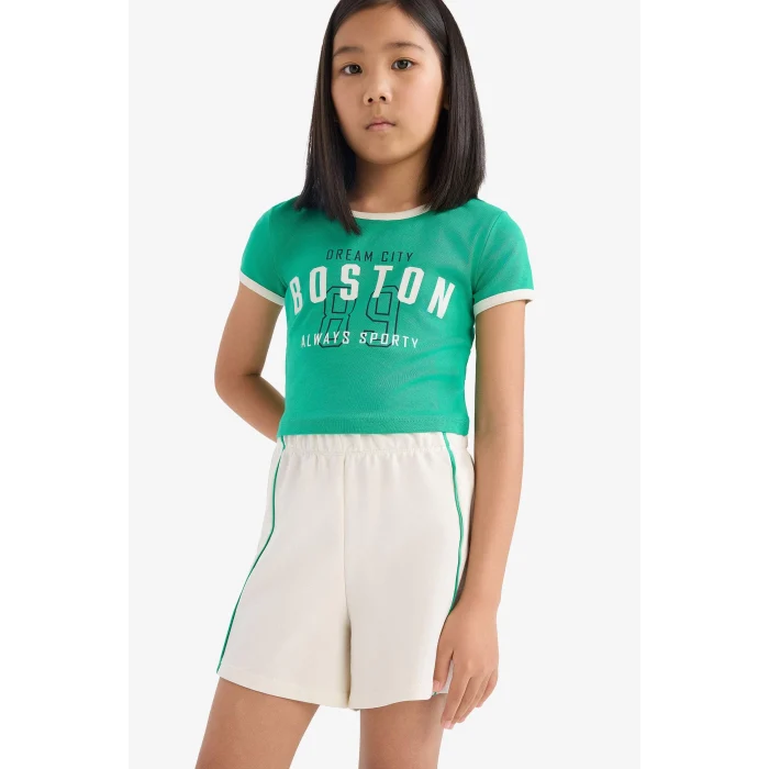 Defacto E4756 Yeşil Kız Çocuk 2li Takım Fitilli Kaşkorse Baskılı Kısa Kollu Tişört Beli Lastikli Şort