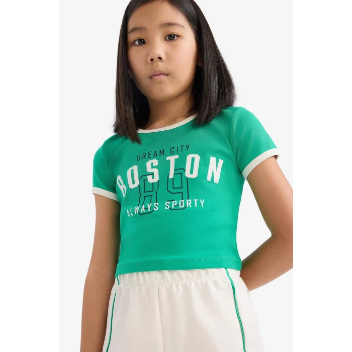 Defacto E4756 Yeşil Kız Çocuk 2li Takım Fitilli Kaşkorse Baskılı Kısa Kollu Tişört Beli Lastikli Şort