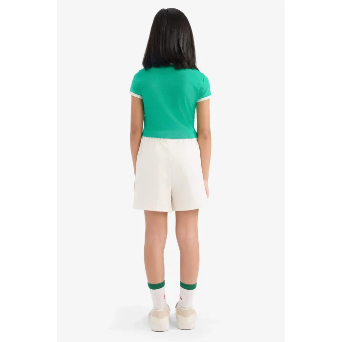 Defacto E4756 Yeşil Kız Çocuk 2li Takım Fitilli Kaşkorse Baskılı Kısa Kollu Tişört Beli Lastikli Şort