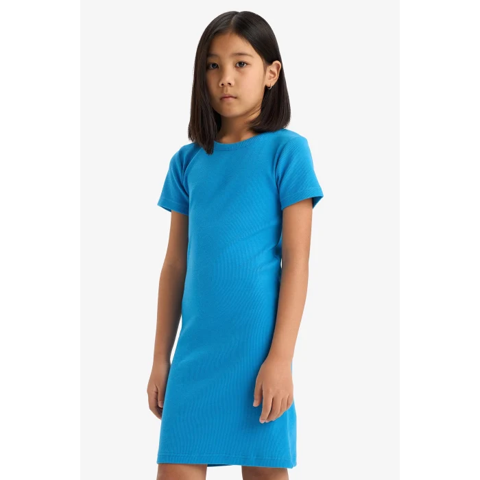 Defacto C4644 Mavi Kız Çocuk Bisiklet Yaka Fitilli Kaşkorse Kısa Kollu Elbise