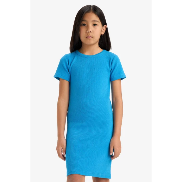 Defacto C4644 Mavi Kız Çocuk Bisiklet Yaka Fitilli Kaşkorse Kısa Kollu Elbise