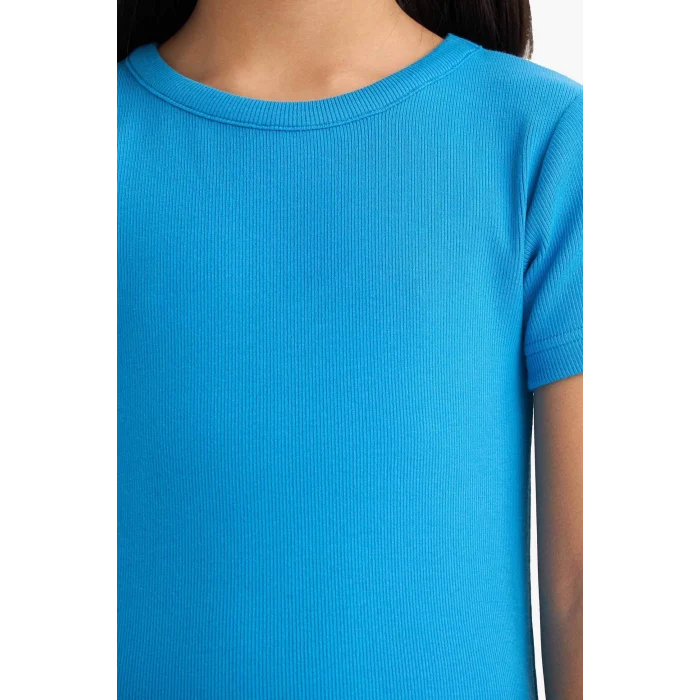 Defacto C4644 Mavi Kız Çocuk Bisiklet Yaka Fitilli Kaşkorse Kısa Kollu Elbise